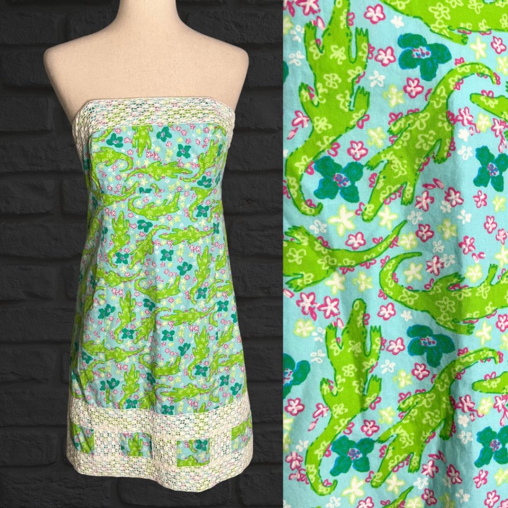 Lilly Pulitzer Strapless Alligator Print Dress Lace Trim A-Line Size 6 Sundress
